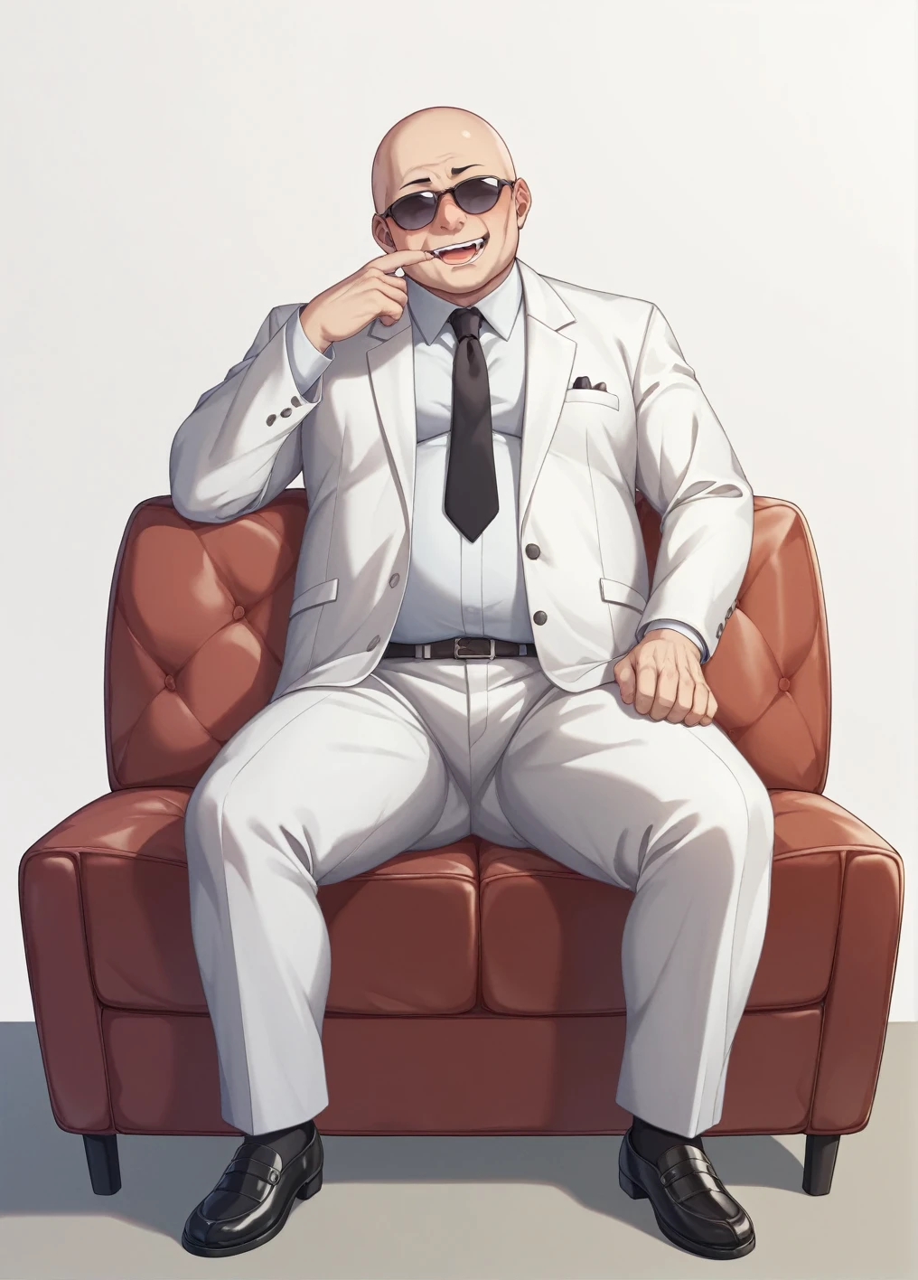 Ultra-detailed illustrations、Ultra-precise expression、masterpiece、Highest quality、ultra High resolution、High resolution、Hiromitsu Takeda Style、White background、Simple Background、sit、whole body、White Suit、Black socks、One fat old man、Bald Head、No Face、solo、Vulgar expression、Leather shoes、Luxurious sofa、Mokkori crotch、