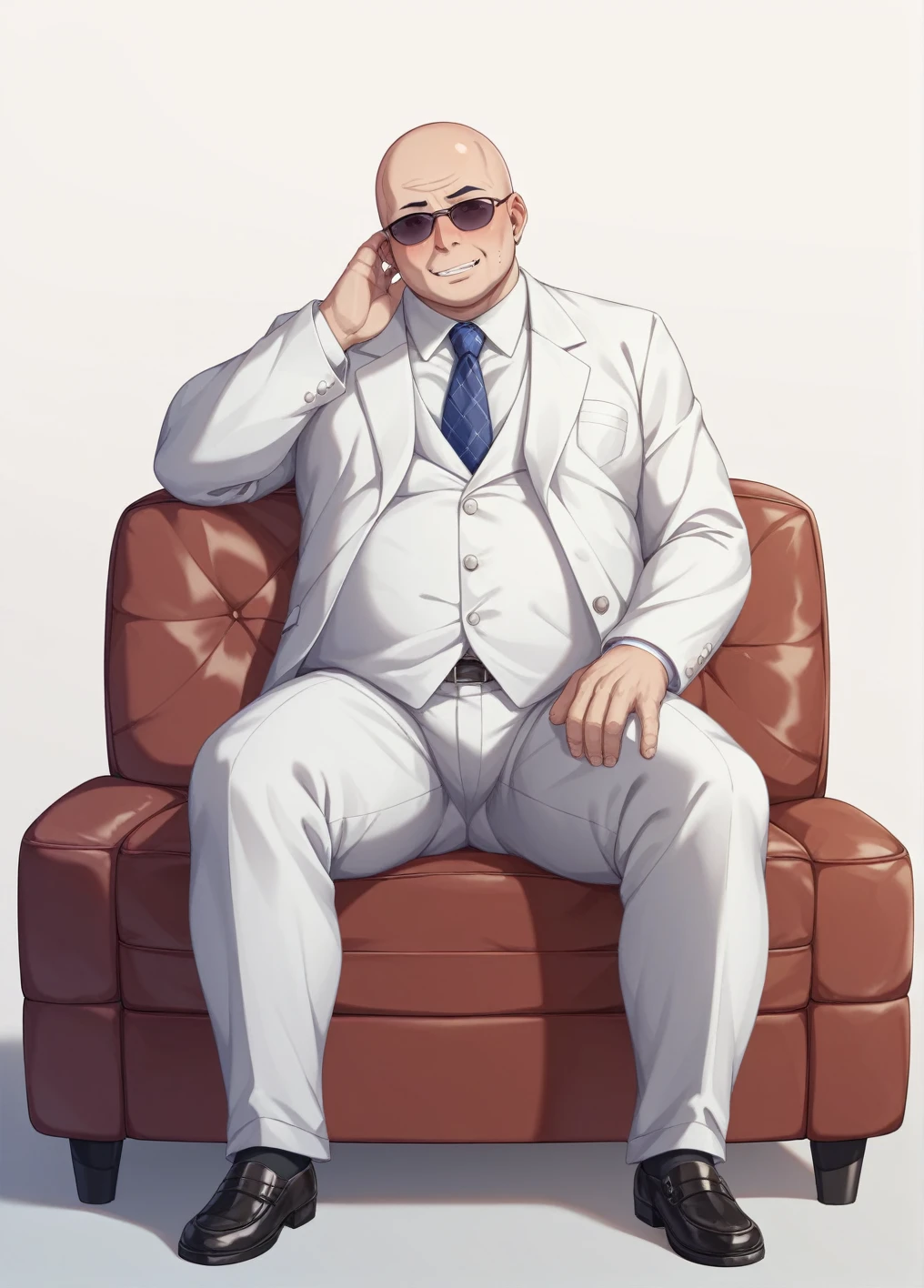 Ultra-detailed illustrations、Ultra-precise expression、masterpiece、Highest quality、ultra High resolution、High resolution、Hiromitsu Takeda Style、White background、Simple Background、sit、whole body、White Suit、Black socks、One fat old man、Bald Head、No Face、solo、Vulgar expression、Leather shoes、Luxurious sofa、Mokkori crotch、