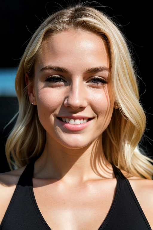 CRU photo, face portrait photo of 26 year old beautiful woman.oh woman, hair blonde, cute face, skin detailed, face detailed, lean athletic build, wearing black dress, happy face, athletic body, Fitness,hard shadows, cinematic shot, dramatic lighting
