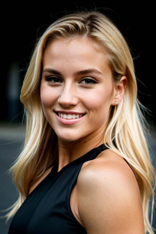 CRU photo, face portrait photo of 26 year old beautiful woman.oh woman, hair blonde, cute face, skin detailed, face detailed, lean athletic build, wearing black dress, happy face, athletic body, Fitness,hard shadows, cinematic shot, dramatic lighting