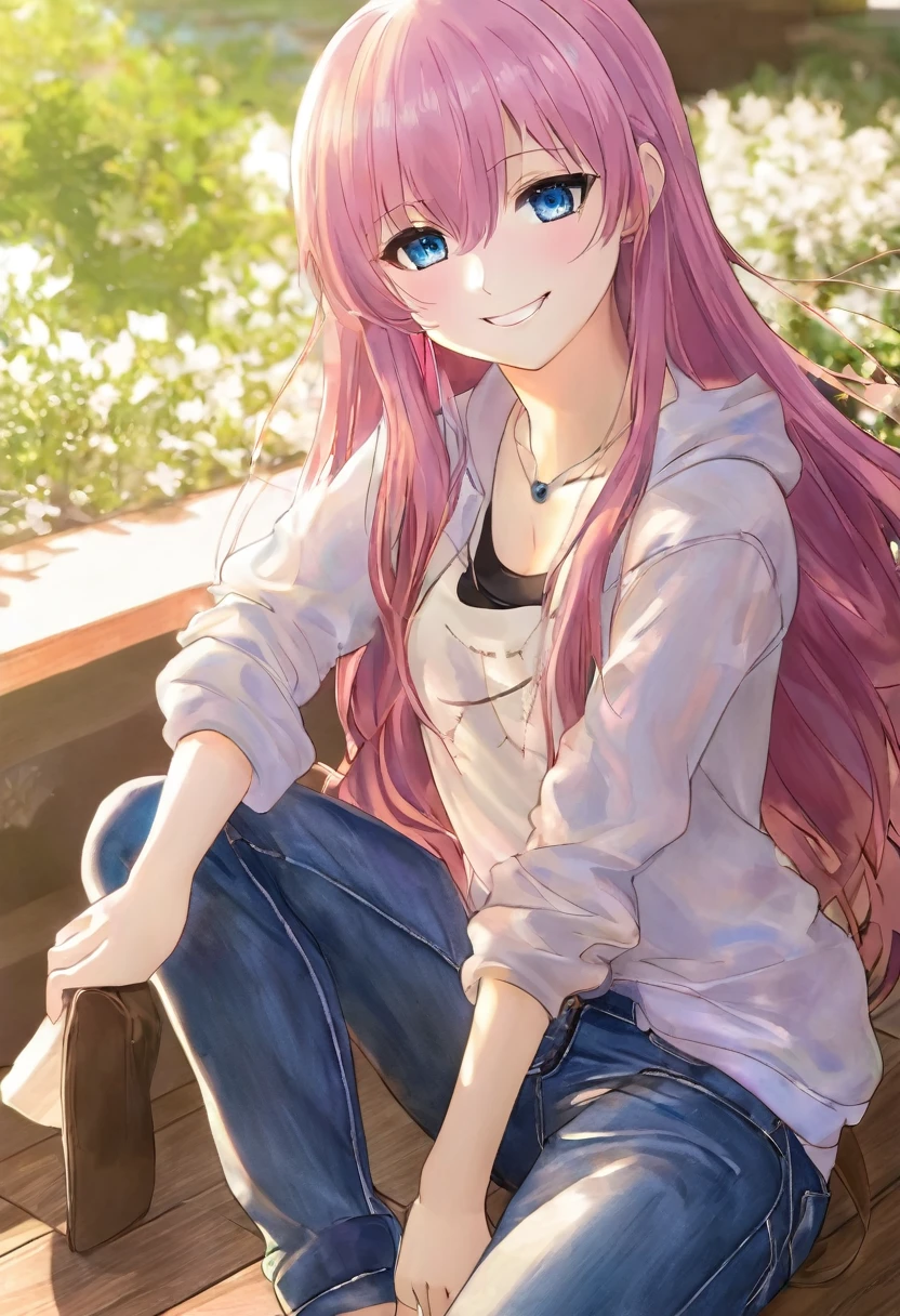 Megurine Luka casual clothes upper body colorful jeans morning smile