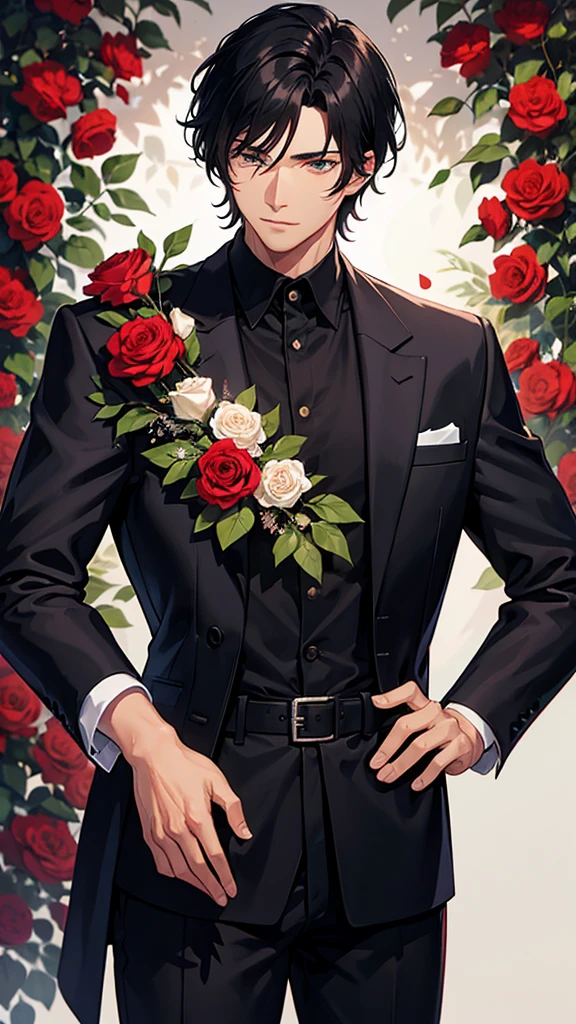 A handsome black-haired man surrounded by roses