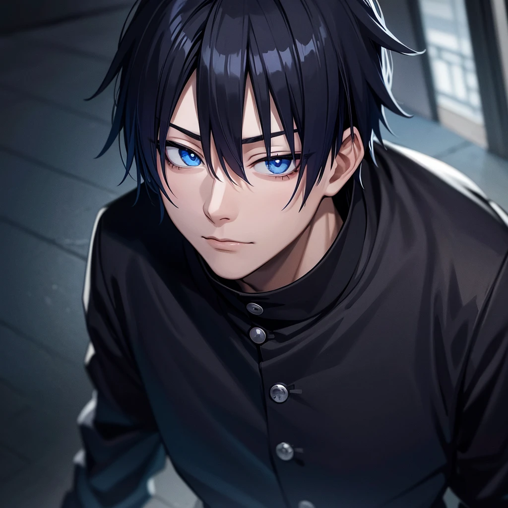 japanese man, Indigo hair, blue eyes, wearing black clothes, jujutsu kaisen background, high res, ultrasharp, jujutsu kaisen style