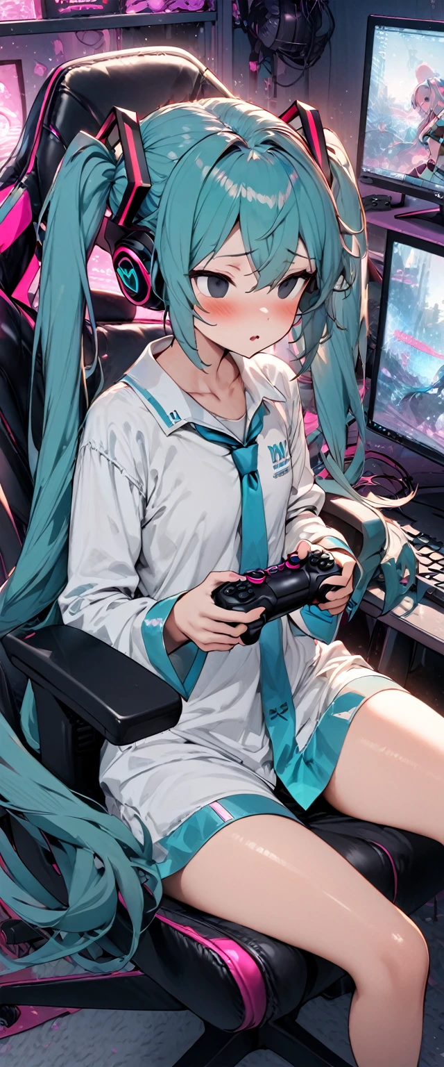 (masterpiece), (highest quality), (illustration), (super detailed), (high resolution), absurdity,1girl,solo,hatsune miku,gaming chair,computer keyboard,desk,game controller,holding game controller,indoors,monitor,looking at screen,expressionless,mouth open,drool,empty eyes,mind control,hypnotized,blush,sitting,pink light