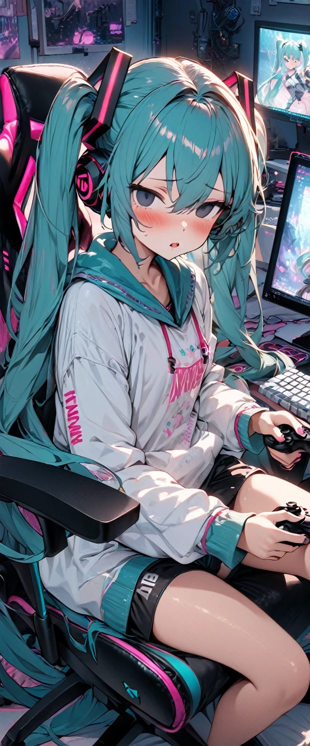 (masterpiece), (highest quality), (illustration), (super detailed), (high resolution), absurdity,1girl,solo,hatsune miku,gaming chair,computer keyboard,desk,game controller,holding game controller,indoors,monitor,looking at screen,expressionless,mouth open,drool,empty eyes,mind control,hypnotized,blush,sitting,pink light