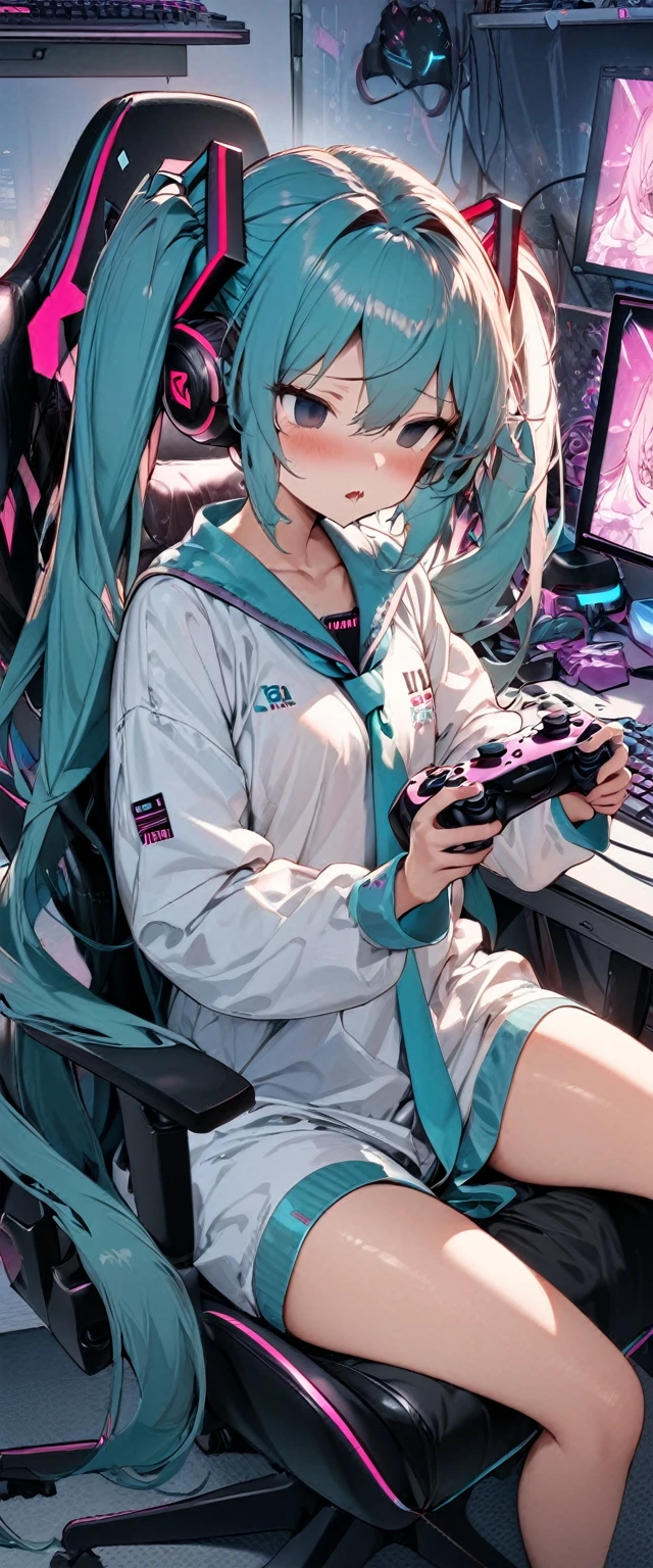 (masterpiece), (highest quality), (illustration), (super detailed), (high resolution), absurdity,1girl,solo,hatsune miku,gaming chair,computer keyboard,desk,game controller,holding game controller,indoors,monitor,looking at screen,expressionless,mouth open,drool,empty eyes,mind control,hypnotized,blush,sitting,pink light