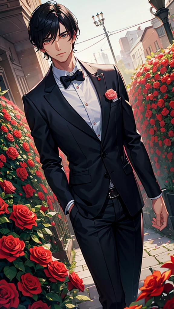 A handsome black-haired man surrounded by roses