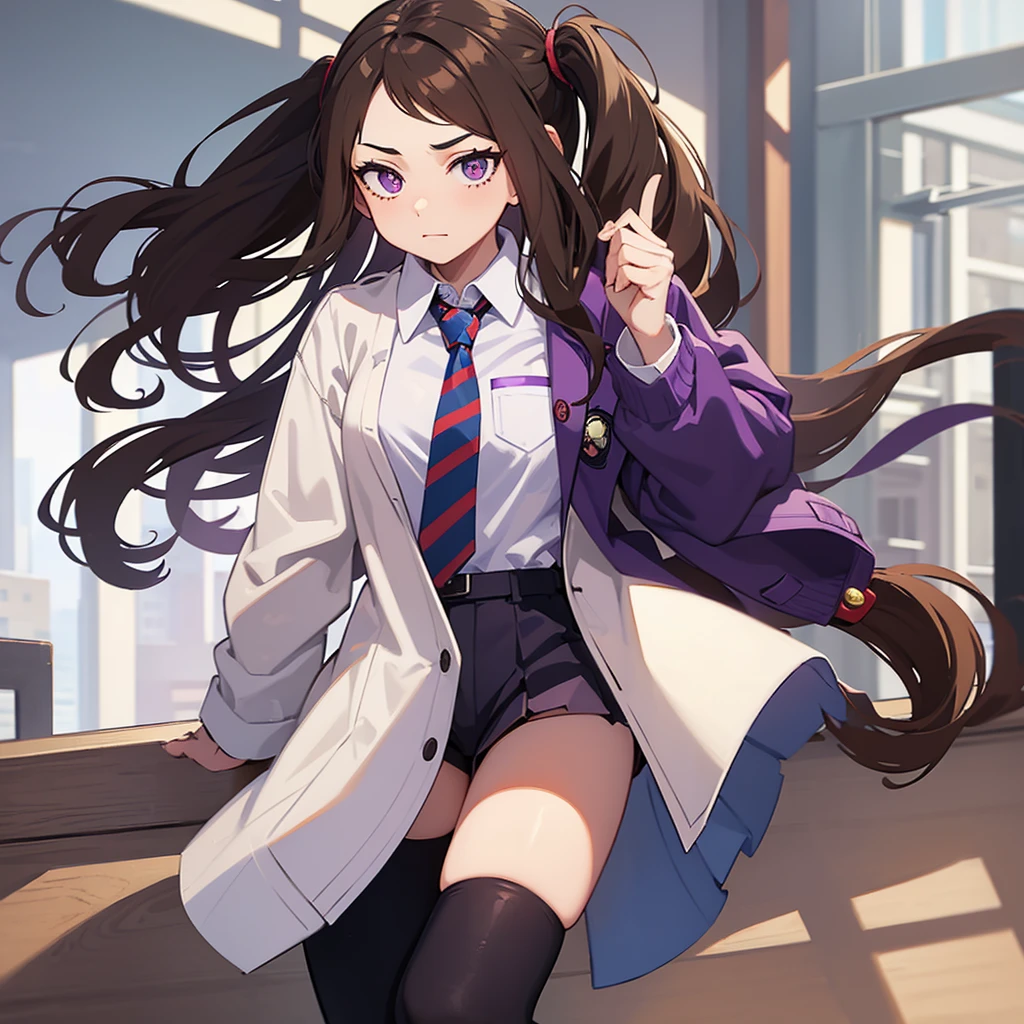 My hero academia girl with long brown hair with the other half purple, one eye purple and the other red, with a neutral expression wearing the UA uniform white long-sleeved button-down shirt, a gray jacket with blue-green stripes and a red tie, white socks and brown sneakers
