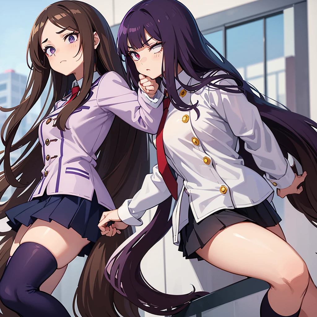 My hero academia girl with long brown hair with the other half purple, one eye purple and the other red, with a neutral expression wearing the UA uniform white long-sleeved button-down shirt, a gray jacket with blue-green stripes and a red tie, white socks and brown sneakers