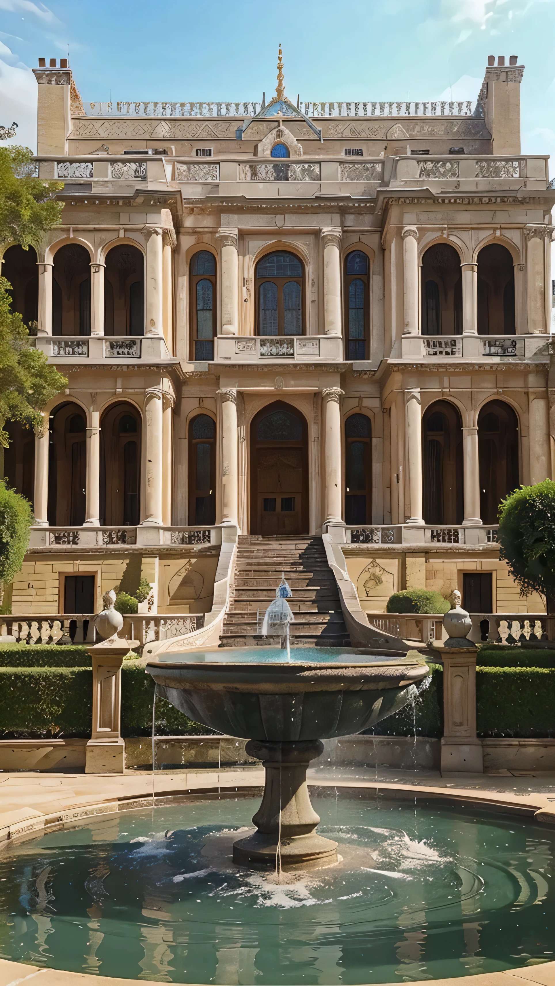 A beautiful palace at UK. The palace has many area and have 3rd floor and has fountain infront of the palace and in the backyard. The design and others are aesthetic. Show all the entire palace