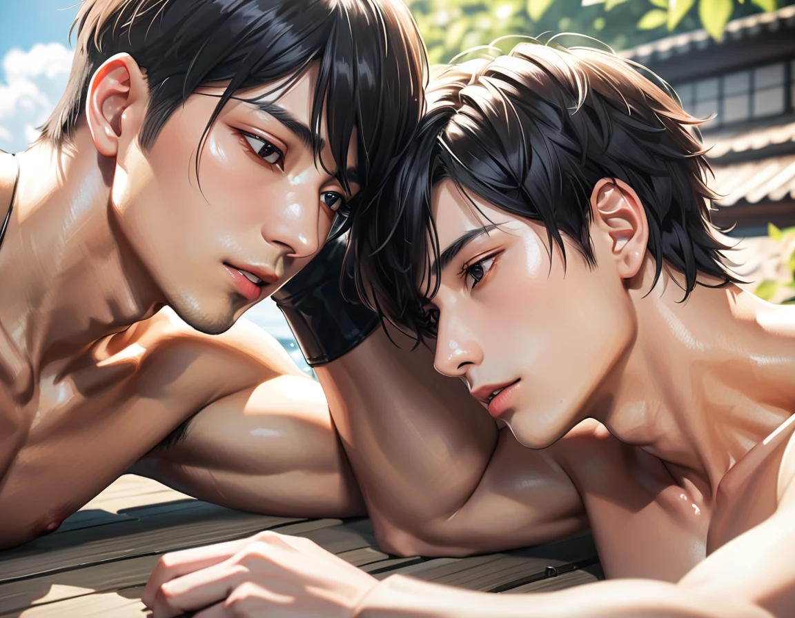 high quality, detailed, Realistic, (two  japanese boys), (detailed black eyes), (abs:1.5), (shiny skin), detailed nipples, black hair, (black tiny thong), (erected bulge), summer noon, (smile:0.7), close up face, laying, kissing,