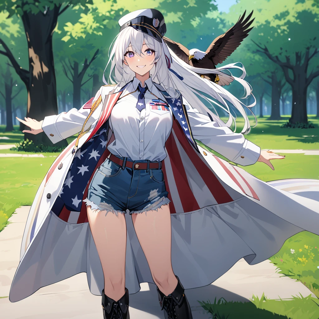 A woman wearing an open white jacket, wearing a shirt with fabric from the United States, denim shorts, exposed thigh, standing upright, hat with fabric from the United States, black leather boots, large breasts, smiling, in a park with a picnic, an area open with some trees, daytime location, white hair, long hair, purple eyes,The Eagle Perched On The Shoulder, view close,
