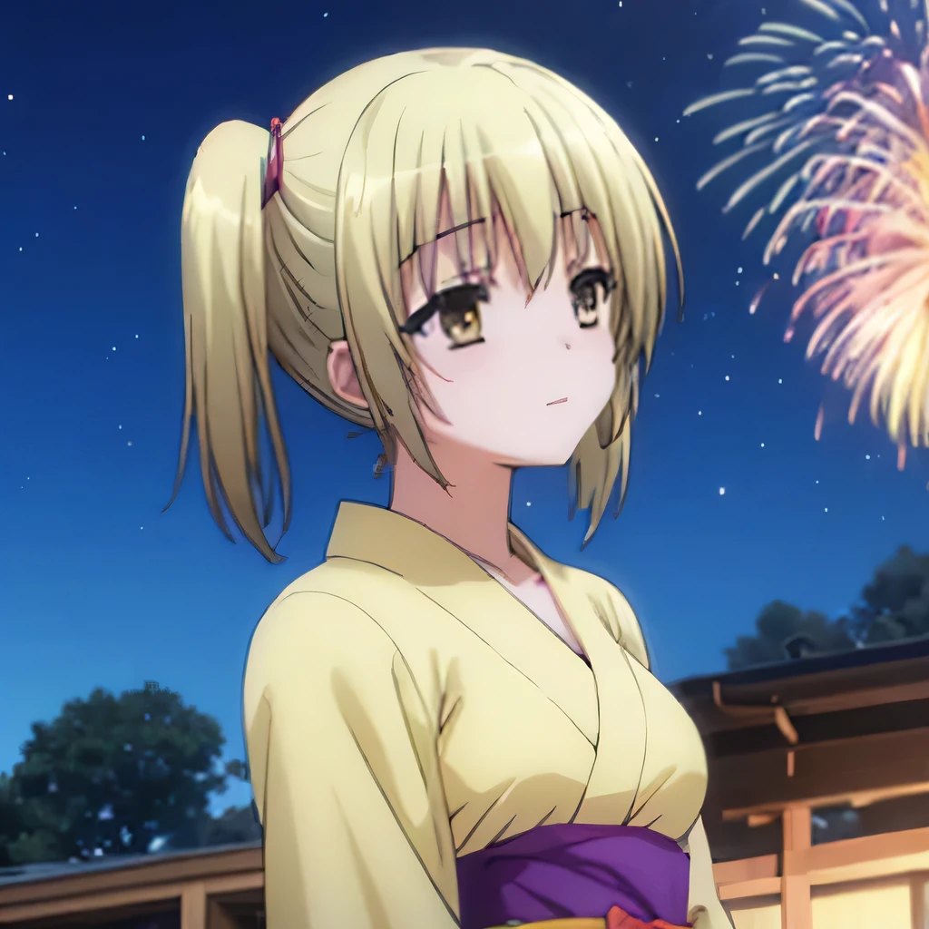 Kyoko kimono in the night firework ,Blonde hair , yellowish eyes, pig tailed haired