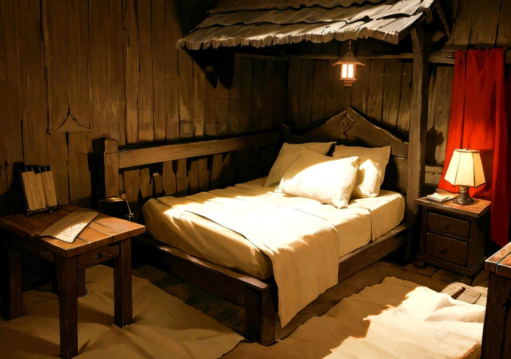 a small hut, medieval style, dilapidated hut, an old bed with a red blanket and a white pillow, a table against the wall, an open book on the table, a lamp illuminates the room, a pen in an inkwell