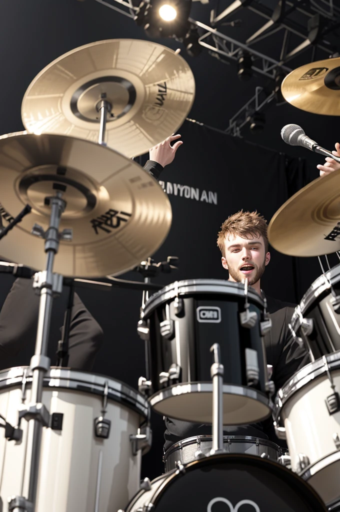 A drummer on stage playing at a live gig