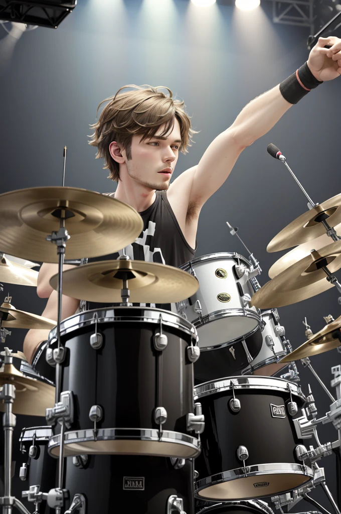 A drummer on stage playing at a live gig