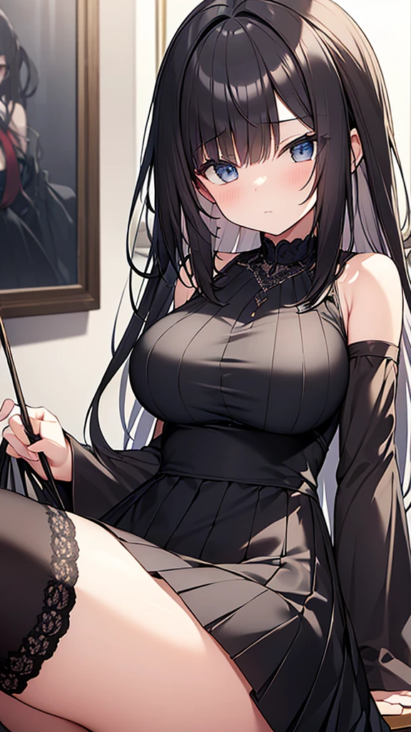 ((masterpiece)), (Highest quality), (Simple style), Big Breasts, Swinging Big , Wearing a face stolen from someone else, No sleeve, Sleeveless, Off the shoulder, Black Dress, Pleated lace, Lace dress. whole body, Luxurious Room, NSFW