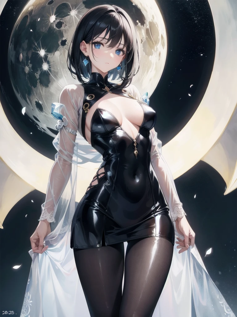 absurdres, RAW photo, extremely delicate and beautiful, masterpiece, Best Quality, ultra high resolution, 32k, hyperrealistic, ultra-detailed, in her 20s, delicate facial features, tearful mole, earring, medium breasts, full body shot, shorter middle hair, black hair, Shiny blue bodysuit with micro skirt, Fantasy, Moon Night, tentaculata