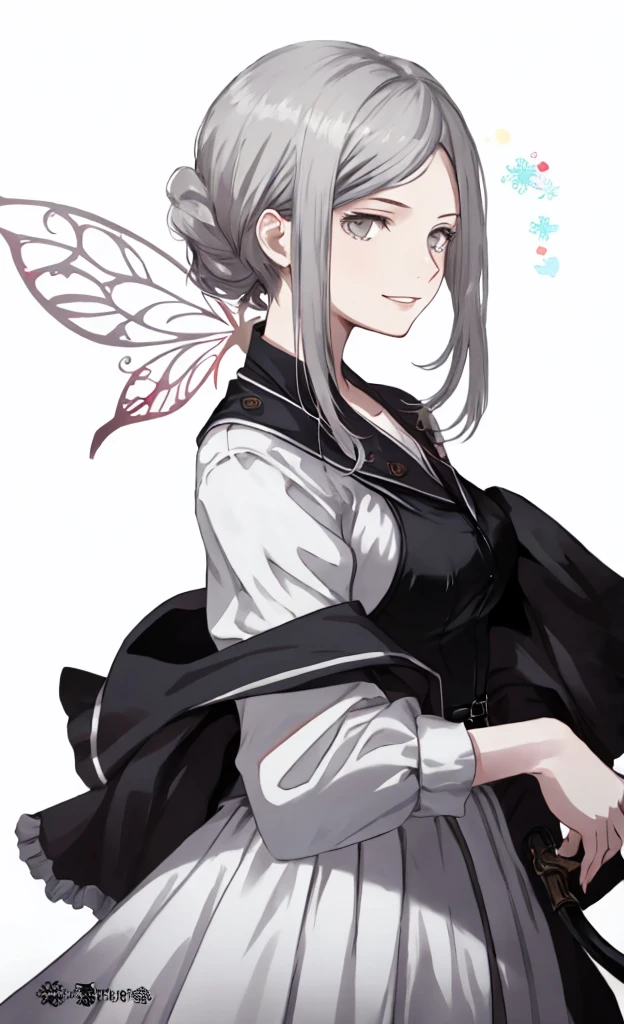 ((best quality)), ((masterpiece)), (detailed), 1girl, Character design, female, dynamic poses, long white grey hair, grey white eyes, very skinny, detailed, best quality, no accesoires around the neck, prominent collarbones, skinny arms, upper body, blank white background, plain background, white background, ((red and white clothing)), Bloodborne inspired, occult aesthetic, occult, detailed and intricate steampunk and detailed gothic, Very dramatic and cinematic lighting, cosmic horror, grim-dark, side-lighting, perfect face, Fluttering lace flared long knee length dress with frilly petticoats, knee length dress, pleated petticoats, petticoats gothic, complex lace boots, side-lighting, gothic aesthetic, wielding a mighty sword with mechanical components, mandalas, small breasts, a fairy, various different types of insect wings,upper body, upper body, white holy clothes,white holy clothes,((evil smile)),