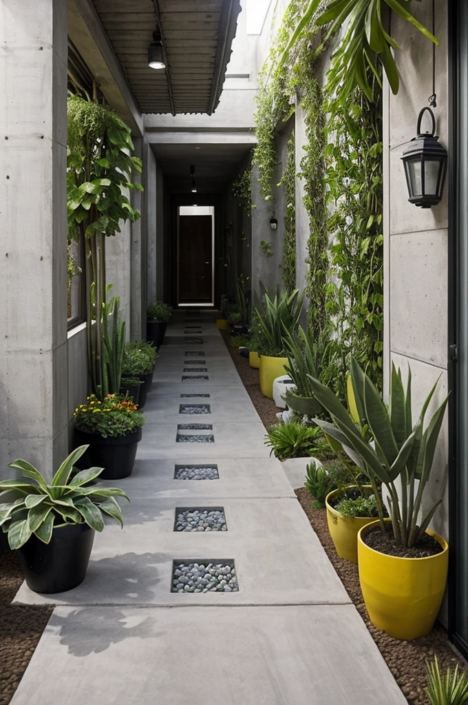 Create me an ecological garden in which first there is a cement walkway in the center to the right part of the path there is a tree trunk cut in half (put it in the shape of a house) From the cement corridor emerge other corridors but of earth, still on the right side add a well, and a mini bridge, On the left side of the cement hallway add some bottle swans, a 3-tier tire planter, recycled flower pots at the end of the cement hallway there is a wall with angel wings made from winged bottle caps an iron window with hanging plants, all recycled with tires or bottles, add flowers and more, remember it is recycled and in a school environment