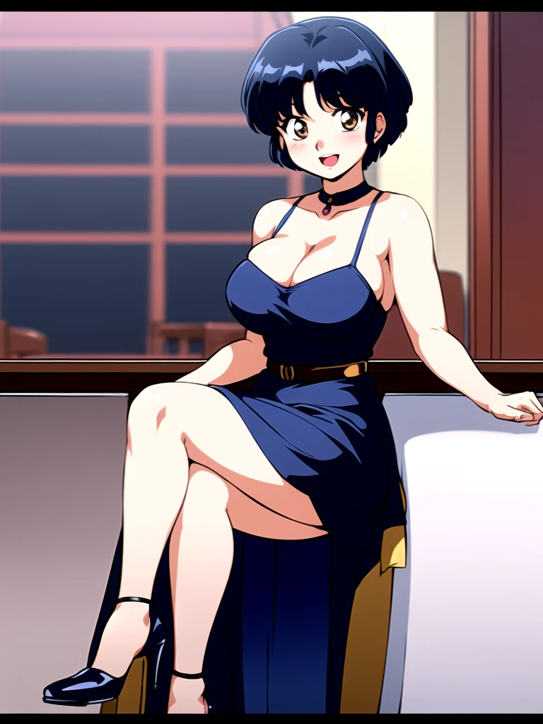 HDR, CG, sharp focus, (8k), (4k), masterpiece, best quality, detailed skin, extremely detailed, hiper detailed, sharp focus, looking at viewer, high quality, AKANE, Akane tendou, short hair, blue hair, brown eyes ,curtain pelvic DRESS, tetas grandes, bLush, solo, 1girl, sit on bar chair, hands on chest, heels, black dress, smile, open mouth, bar background,