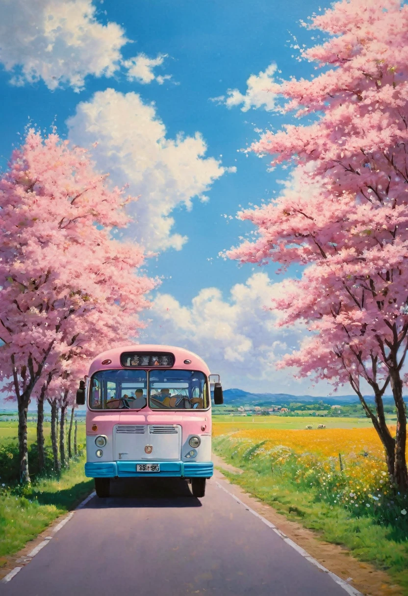 (((Best quality)))), realistic, authentic, beautiful and amazing landscape with a bus on the road oil painting Studio Ghibli Hayao Miyazaki pasture petals with blue sky and white clouds, no people. The bus goes west, windshield flashing pink, pink metallic reflection, Cleaning a dented blue side, worn enamel, Studio Ghibli, city