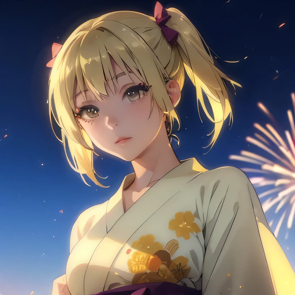 Kyoko kimono in the night firework ,Blonde hair , yellowish eyes, pig tailed haired