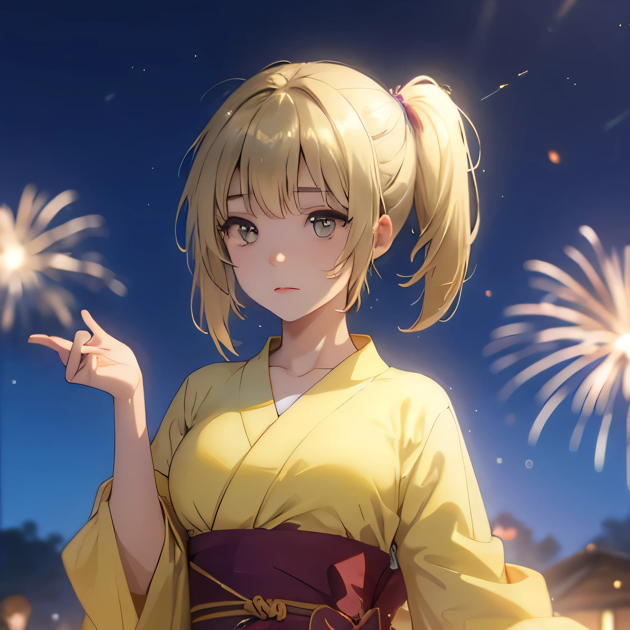 Kyoko kimono in the night firework ,Blonde hair , yellowish eyes, pig tailed haired