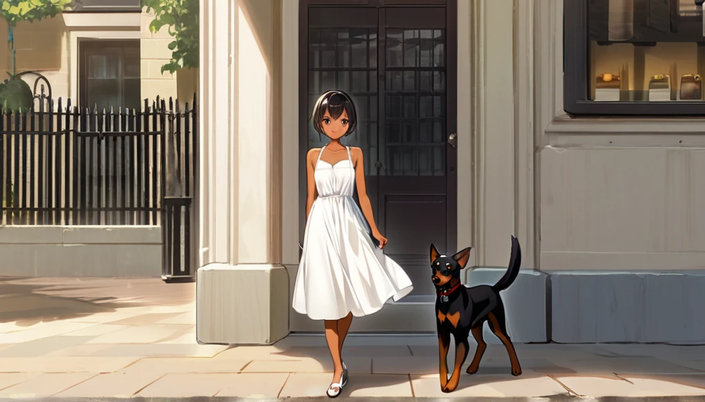 ((Anime Infinite Stratus Art, 8k, ultra full high definition, epic quality, epic texture)). The theme is a walk in the square. It's daytime. The setting is a small square, very detailed, with some playground toys, some children playing around. The focus of the scenario is a girl, she is 10 years old, very short stature, she has black pinscher's ears(long:1.9), black hair(short:1.9), she has black pinscher's tail, bright brown eyes, tanned skin, thin, slightly toned, narrow chest, flat breasts , thin waist, narrow hips, she is wearing a beautiful white summer dress, she is tsundere, she walking in the square. The atmosphere is fun, funny and romantic.