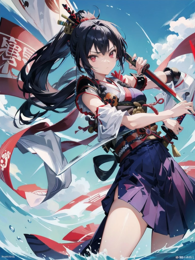 (Anime character wearing a dress with Japanese armor),( has a sword in his left arm), 1girl in, (Female anime samurai warrior fighting with sword on blue background with clouds),(Deep scarlet eyes), Solo,Kimono. Ponytail, (Kimono),holding weapon, ((holding samurai sword)), Long Black Hair, redribbon,(Dynamic action)
