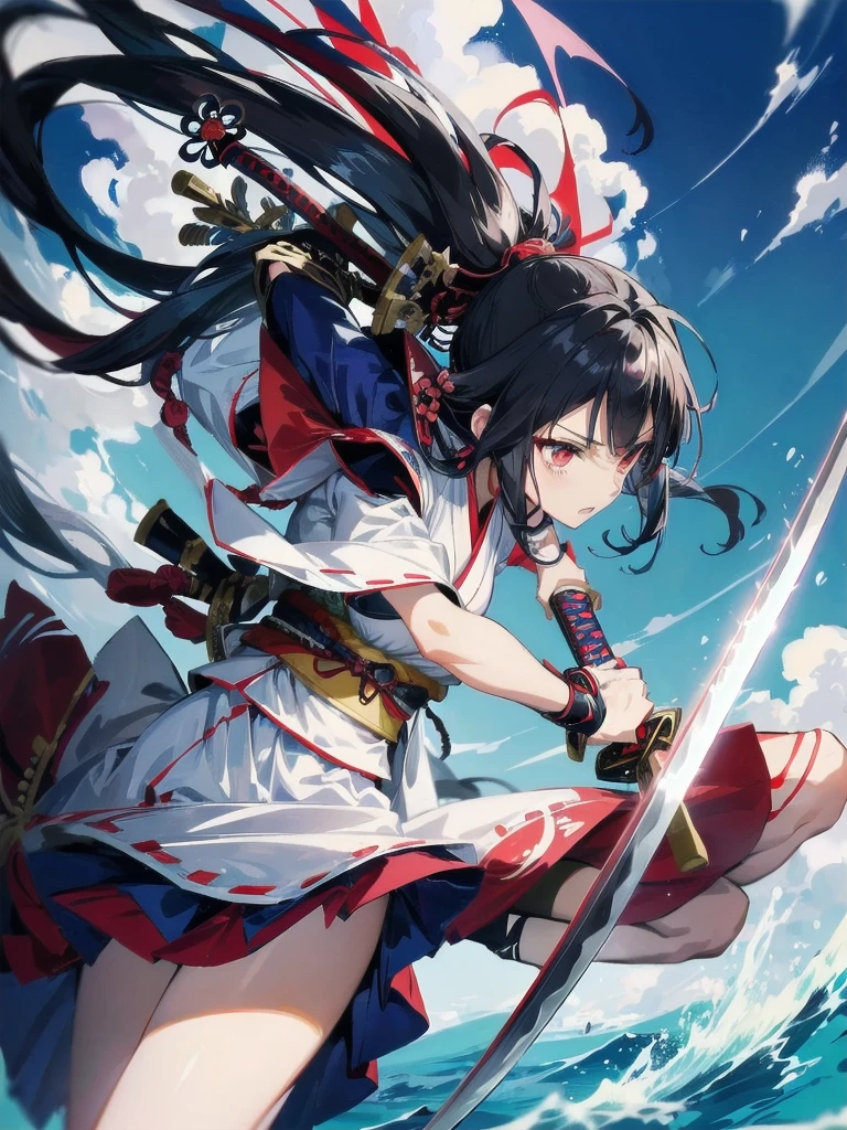 (Anime character wearing a dress with Japanese armor),( has a sword in his left arm), 1girl in, (Female anime samurai warrior fighting with sword on blue background with clouds),(Deep scarlet eyes), Solo,Kimono. Ponytail, (Kimono),holding weapon, ((holding samurai sword)), Long Black Hair, redribbon,(Dynamic action)