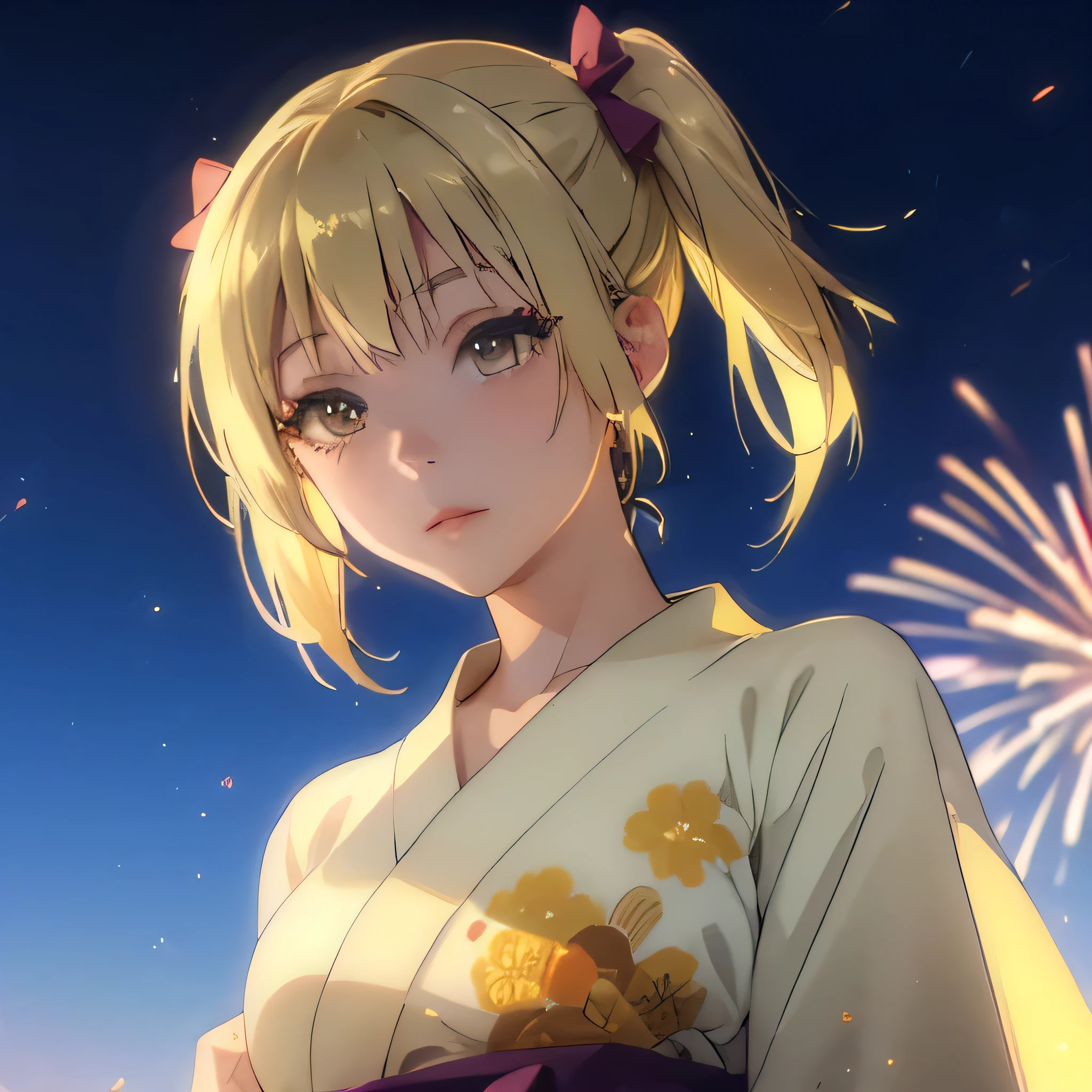 Kyoko kimono in the night firework ,Blonde hair , yellowish eyes, pig tailed haired