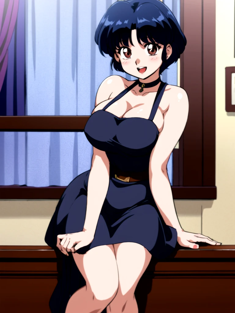 HDR, CG, sharp focus, (8k), (4k), masterpiece, best quality, detailed skin, extremely detailed, hiper detailed, sharp focus, looking at viewer, high quality, AKANE, Akane tendou, short hair, blue hair, brown eyes ,curtain pelvic DRESS, tetas grandes, bLush, solo, 1girl, sit on bar chair, hands on chest, heels, black dress, smile,  open mouth, bar background, 