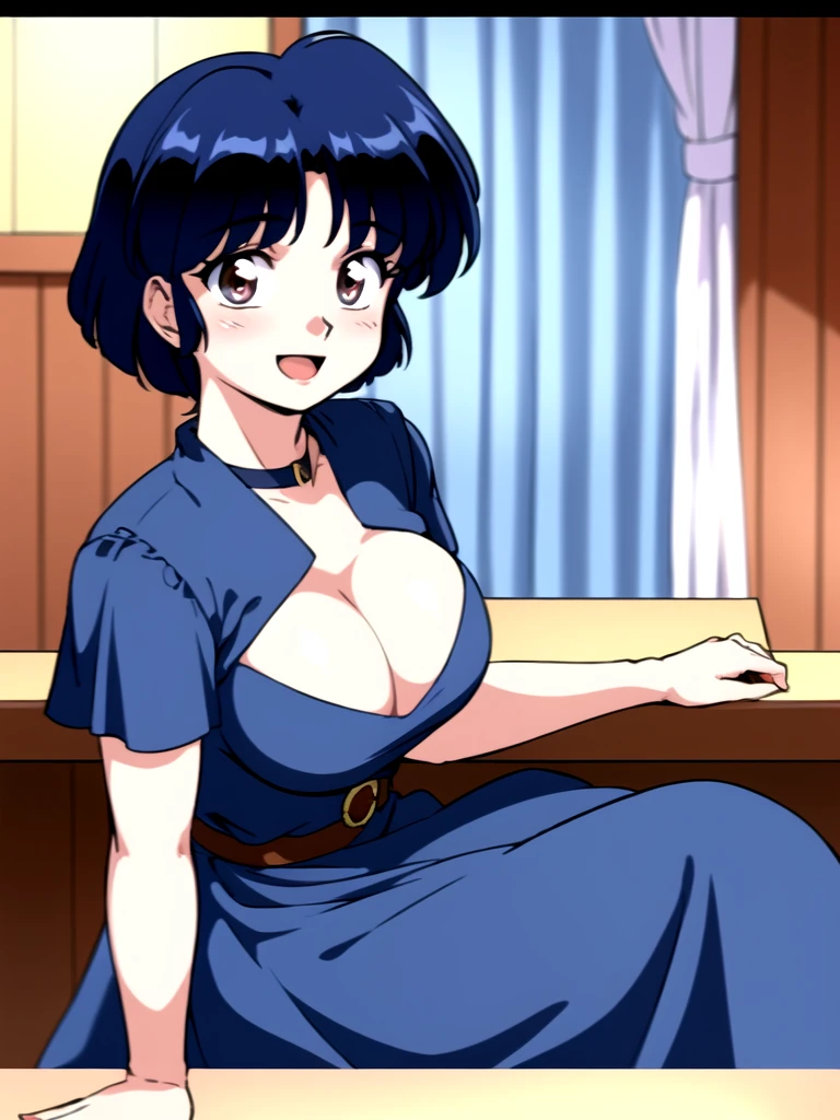 HDR, CG, sharp focus, (8k), (4k), masterpiece, best quality, detailed skin, extremely detailed, hiper detailed, sharp focus, looking at viewer, high quality, AKANE, Akane tendou, short hair, blue hair, brown eyes ,curtain pelvic DRESS, tetas grandes, bLush, solo, 1girl, sit on bar chair, hands on chest, heels, black dress, smile, open mouth, bar background,