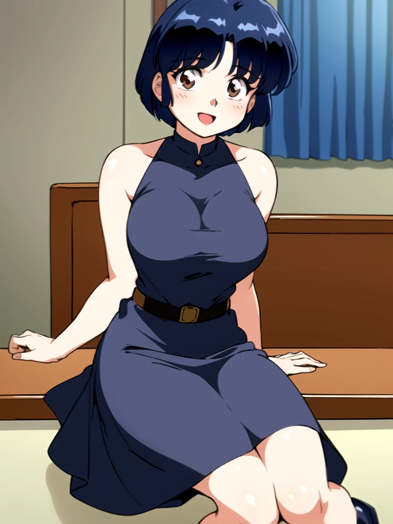 HDR, CG, sharp focus, (8k), (4k), masterpiece, best quality, detailed skin, extremely detailed, hiper detailed, sharp focus, looking at viewer, high quality, AKANE, Akane tendou, short hair, blue hair, brown eyes ,curtain pelvic DRESS, tetas grandes, bLush, solo, 1girl, sit on bar chair, hands on chest, heels, black dress, smile, open mouth, bar background,