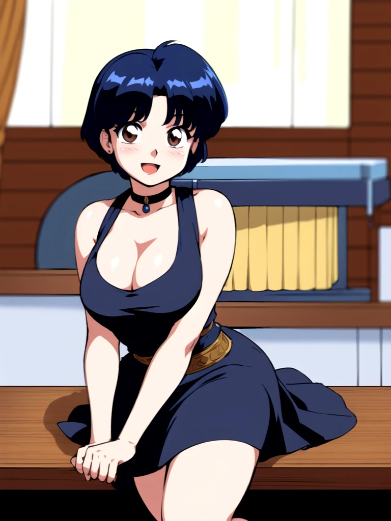 HDR, CG, sharp focus, (8k), (4k), masterpiece, best quality, detailed skin, extremely detailed, hiper detailed, sharp focus, looking at viewer, high quality, AKANE, Akane tendou, short hair, blue hair, brown eyes ,curtain pelvic DRESS, tetas grandes, bLush, solo, 1girl, sit on bar chair, hands on chest, heels, black dress, smile,  open mouth, bar background, 