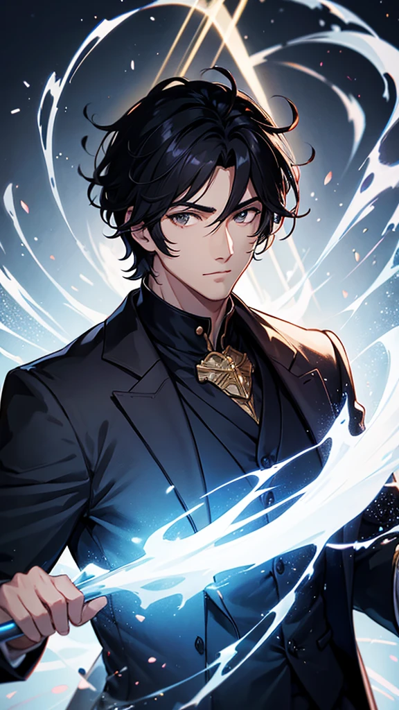 A handsome black-haired man surrounded by light