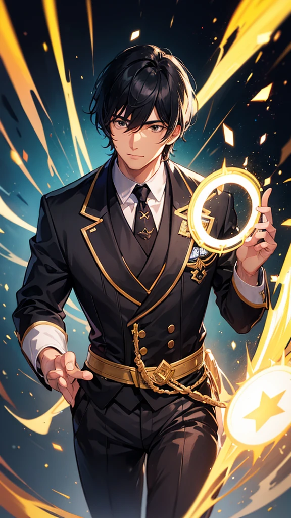 A handsome black-haired man surrounded by light