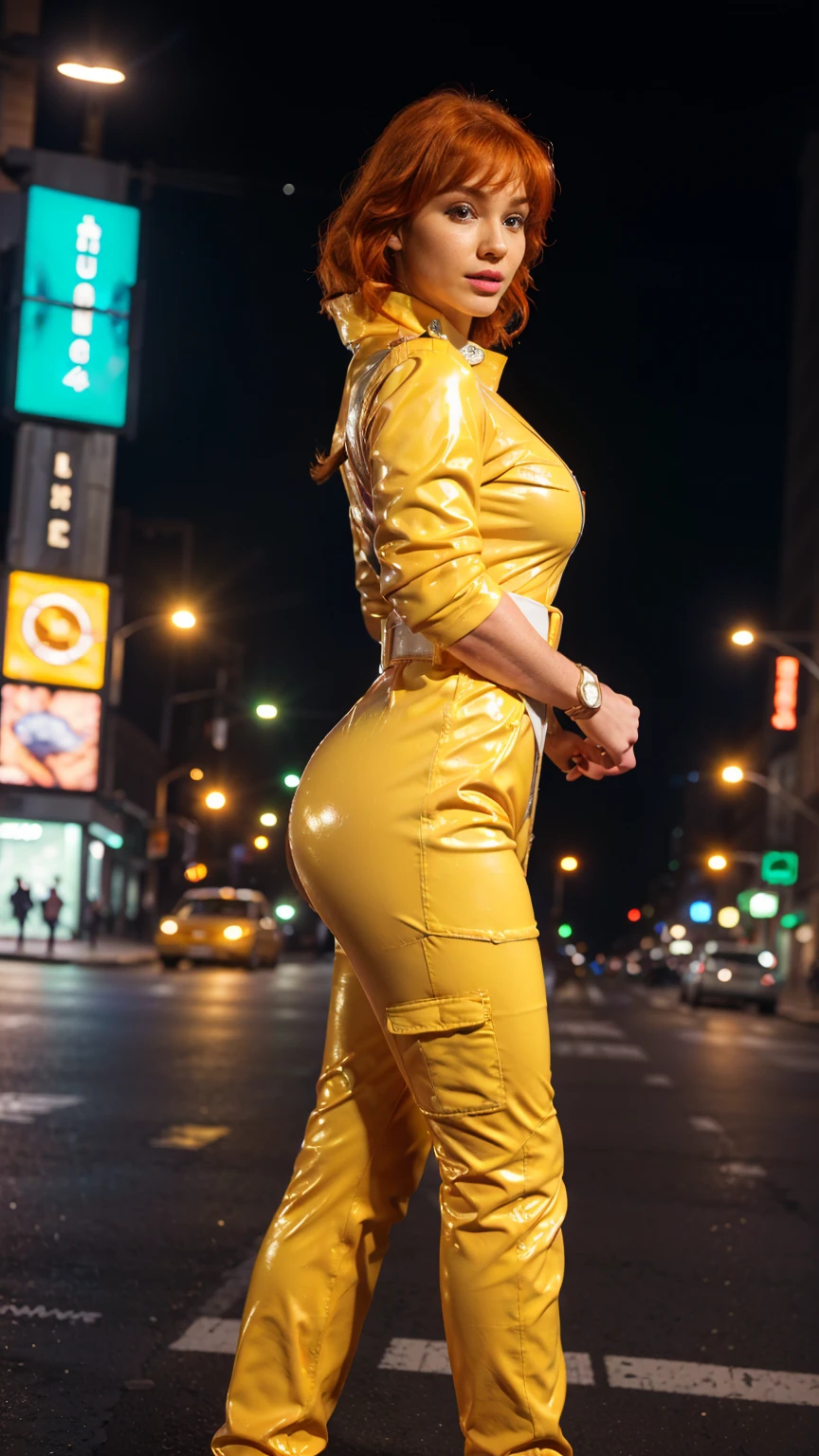 (masterpiece), (best quality), (solo character), (large breasts), (photorealistic:1.4), (chr1sh3n wearing white belt), (April O'Neil_v1 costume, jumpsuit), (yellow latex jumpsuit), (apriloneil white belt), (apriloneil boots), (aprilonei wearing watch), (epiCRealLife), (lora:epiCFlashPhoto), (red hair), (red lipstick), (brown eyes), (young woman), (flashphoto), (night time), (new york city street), (traffic light), (different camera angle shots), (look at viewers), (cowboy shots), (close up body), (walking), (close portrait), 