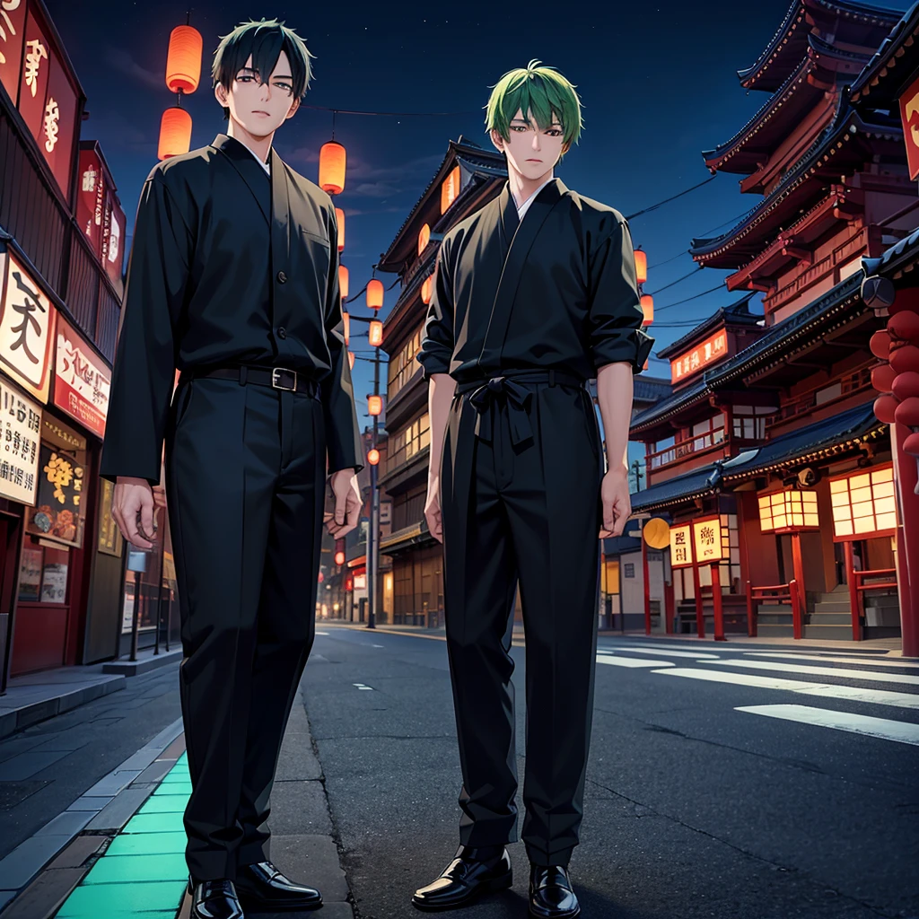 japanese man, green hair, blue eyes, wearing black clothes, asakusa background, high res, ultrasharp