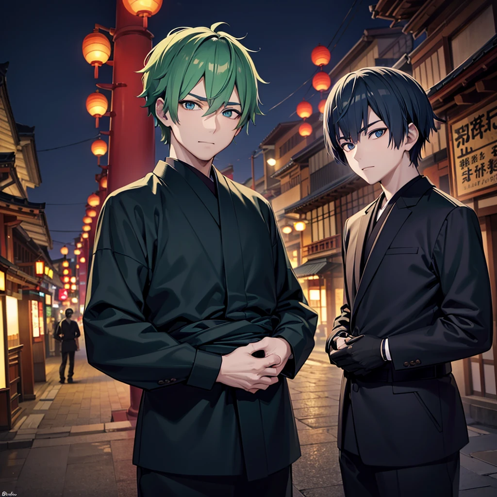 japanese man, green hair, blue eyes, wearing black clothes, asakusa background, high res, ultrasharp