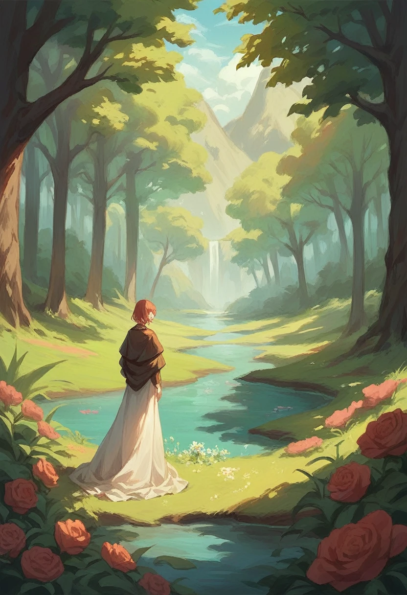 A girl who is in the forest lost in nature. Mashermosa in the world with flowers and lots of sun 1 a girl with a long dress like painting and a river