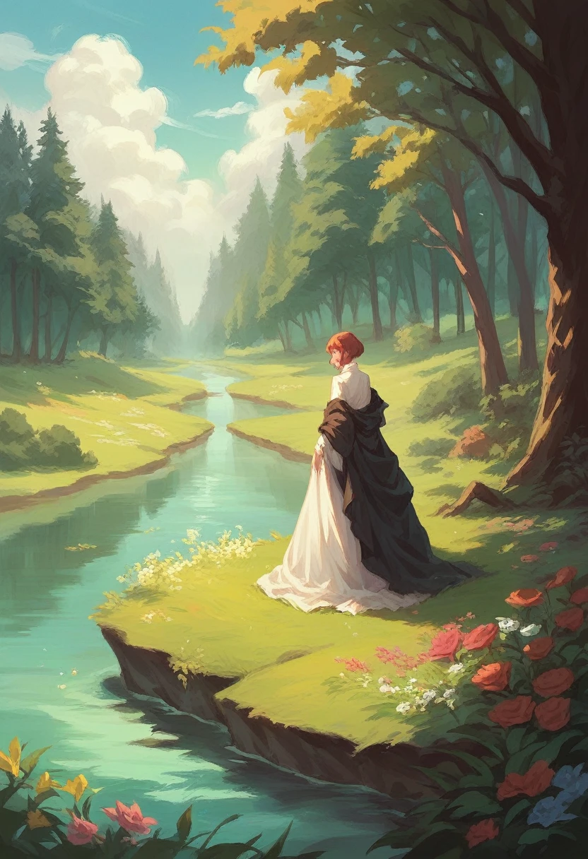 A girl who is in the forest lost in nature. Mashermosa in the world with flowers and lots of sun 1 a girl with a long dress like painting and a river