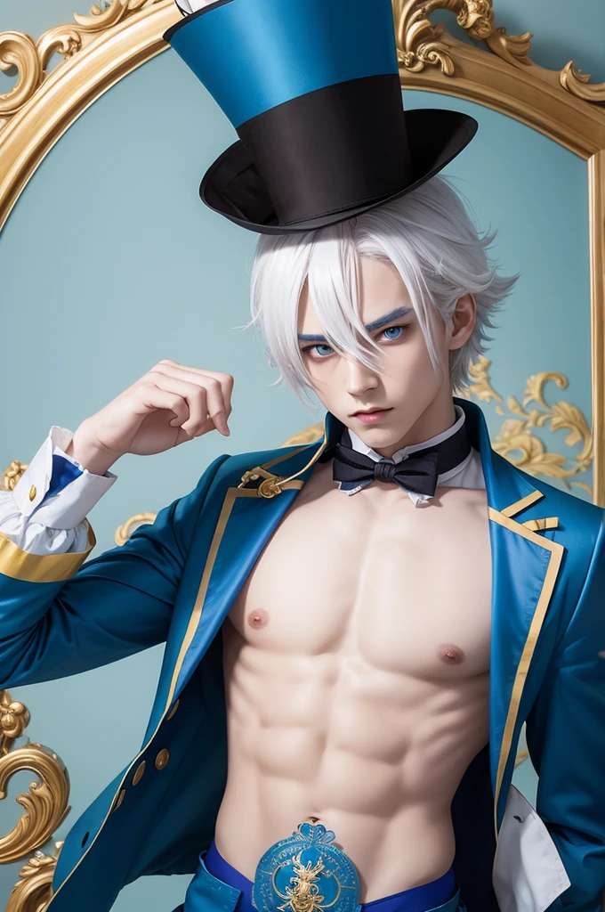 Anime guy with white hair and blue and gold eyes dressed as a mad hatter