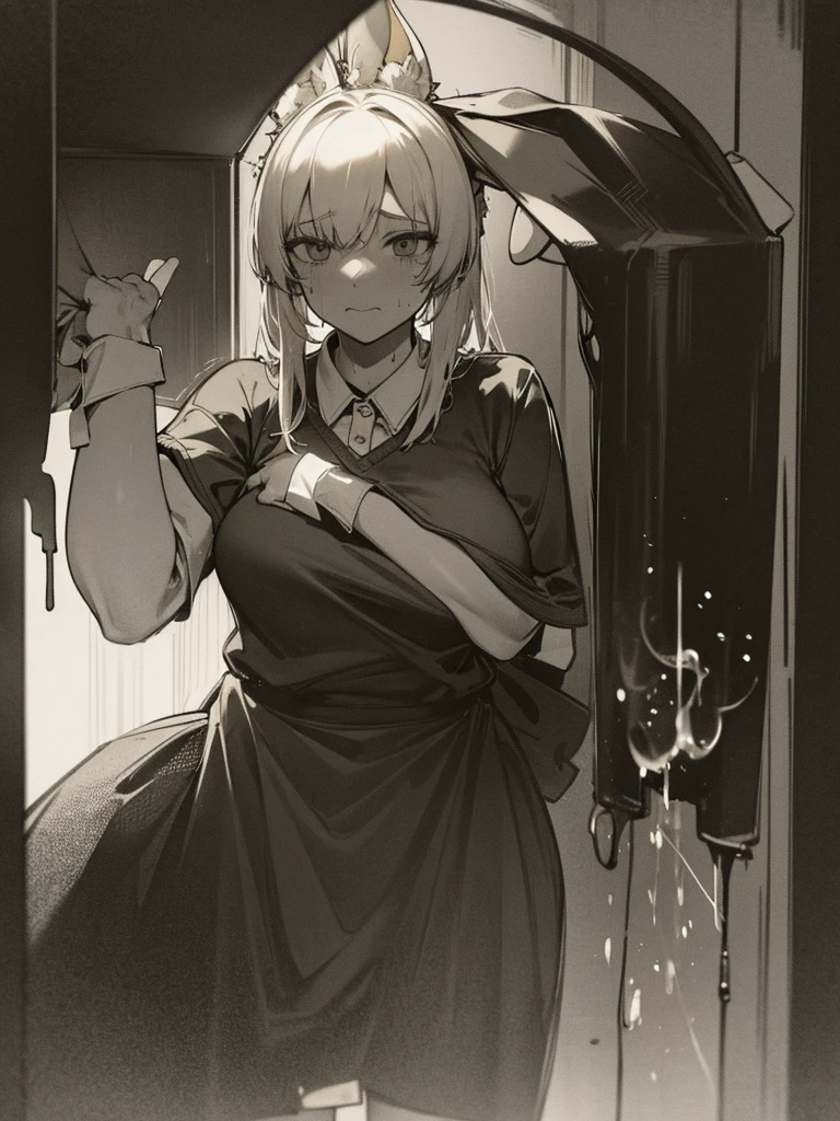 In a dark haunted house, horror, fear , It's muggy , steamy , rabbit ear girl , (holding back pee) , Disarray of clothing