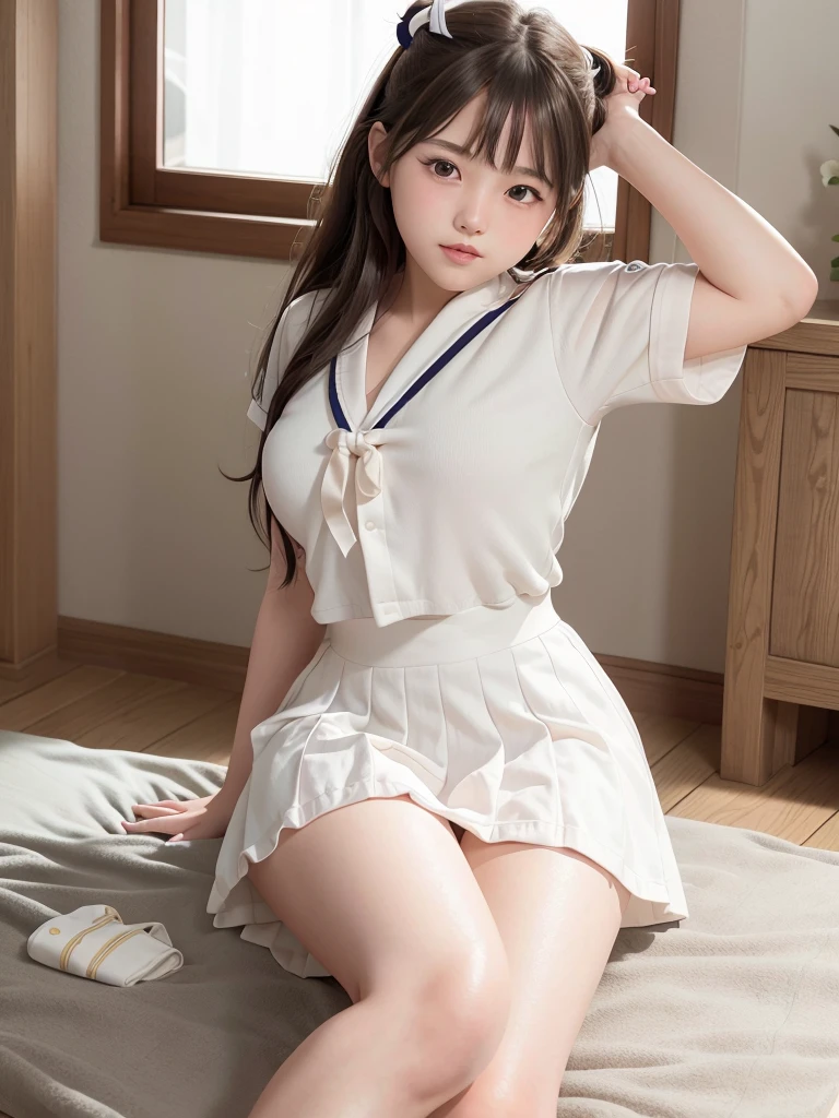 (highest quality,masterpiece:1.3,Ultra-high resolution),(Very detailed、Caustics) (Realistic:1.4, RAW shooting、)Ultra-Realistic Capture、Very detailed、Natural skin texture、masterpiece、(junior high school sailor suit:1.3)、Short-sleeved sailor suit、She straddles the man sleeping in bed、1 Japanese girl、Adorable expression、Expression of happiness、、Young Face、Amazingly cute、Twin tails、Curly Hair、Black Hair、Scrunchie、light makeup、Big breasts that look like they might burst、Bare arms、Shining thighs、Shot in a hotel bedroom、smile、An inviting gaze、The exact number of fingers on each hand、Cowboy Shot、