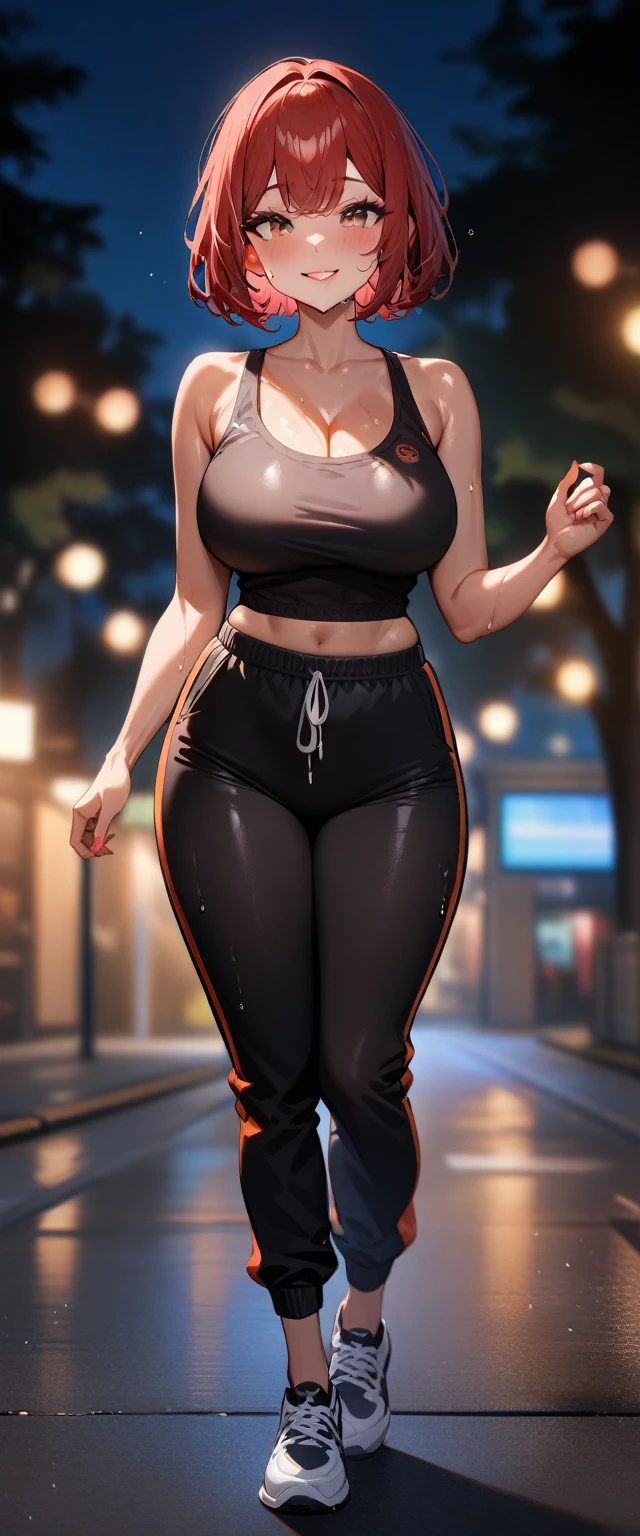 1girl,solo,super detailed skin,shiny skin,wet skin,angelic smile ,eyelashes,lips gloss,red hair,bob hair,short hair ,large breasts , tank top,jogger pants,shoes,full body,night park,masterpiece,best quality,ultra detailed,high resolution,sharp focus,depth of field
