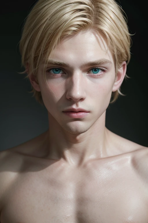 A hyperrealist, Very detailed, and a 16k high resolution image of a young blond man, with green eyes and white skin totally naked.