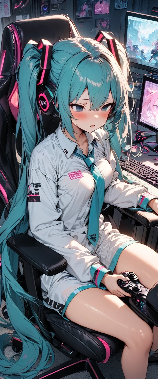 (masterpiece), (highest quality), (illustration), (super detailed), (high resolution), absurdity,1girl,solo,hatsune miku,gaming chair,computer keyboard,desk,game controller,holding game controller,indoors,monitor,looking at screen,expressionless,mouth open,drool,empty eyes,mind control,hypnotized,blush,sitting,pink light,medium breasts,curvy