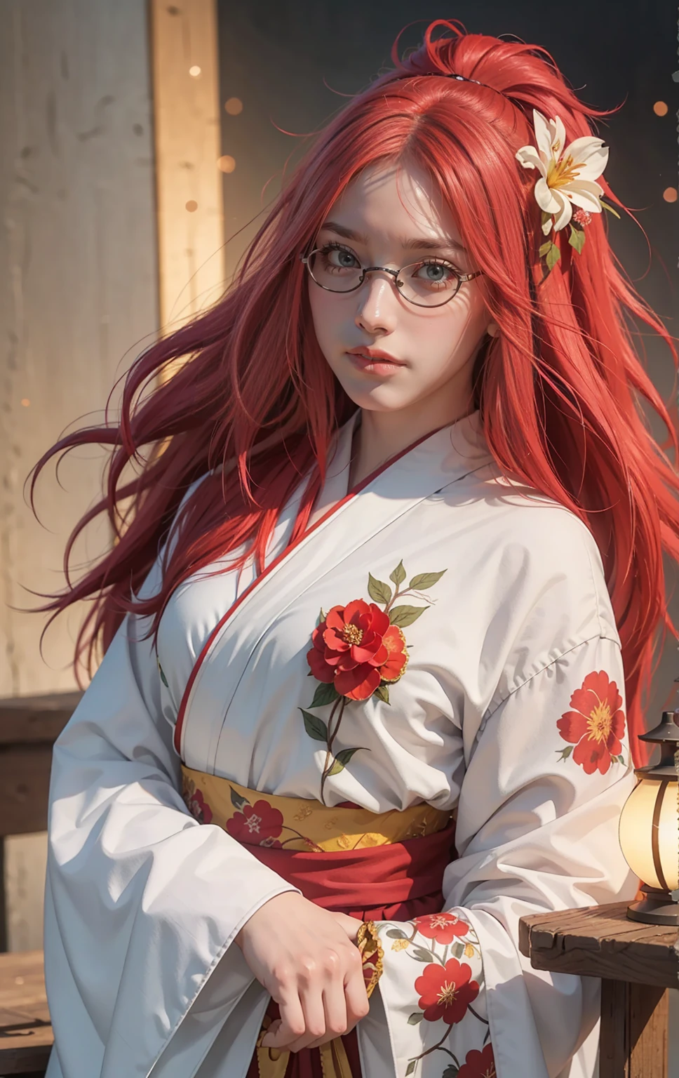 Masterpiece, Best quality, Highly detailed, 1girll, Solo, (:3:1.1), long red hair, red hair, long hair, spiky hair on left side, hair, Fluffy hair, Blush, red eyes, glasses, red eyes, red eye color, flower, Gradient, Gradient background, hair flower, hair adornments, Japanese clothes, komono, view the viewer, miko, Smile, Solo, White kimono, Beautiful lighting, (Alena Ainami:1.3)